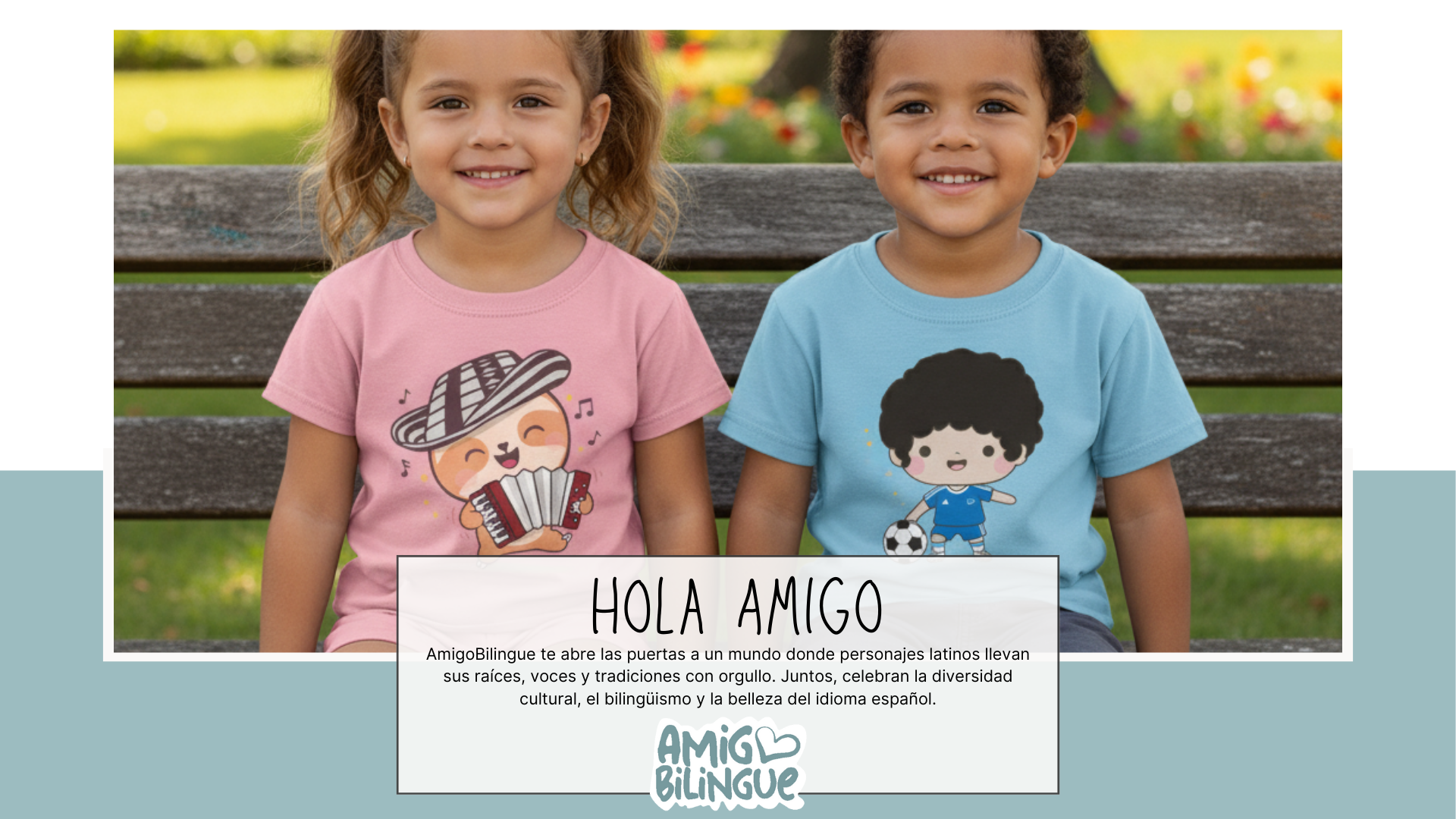 Dos niños sonrientes vistiendo camisetas de AmigoBilingue que celebran la cultura latina y el orgullo hispano.