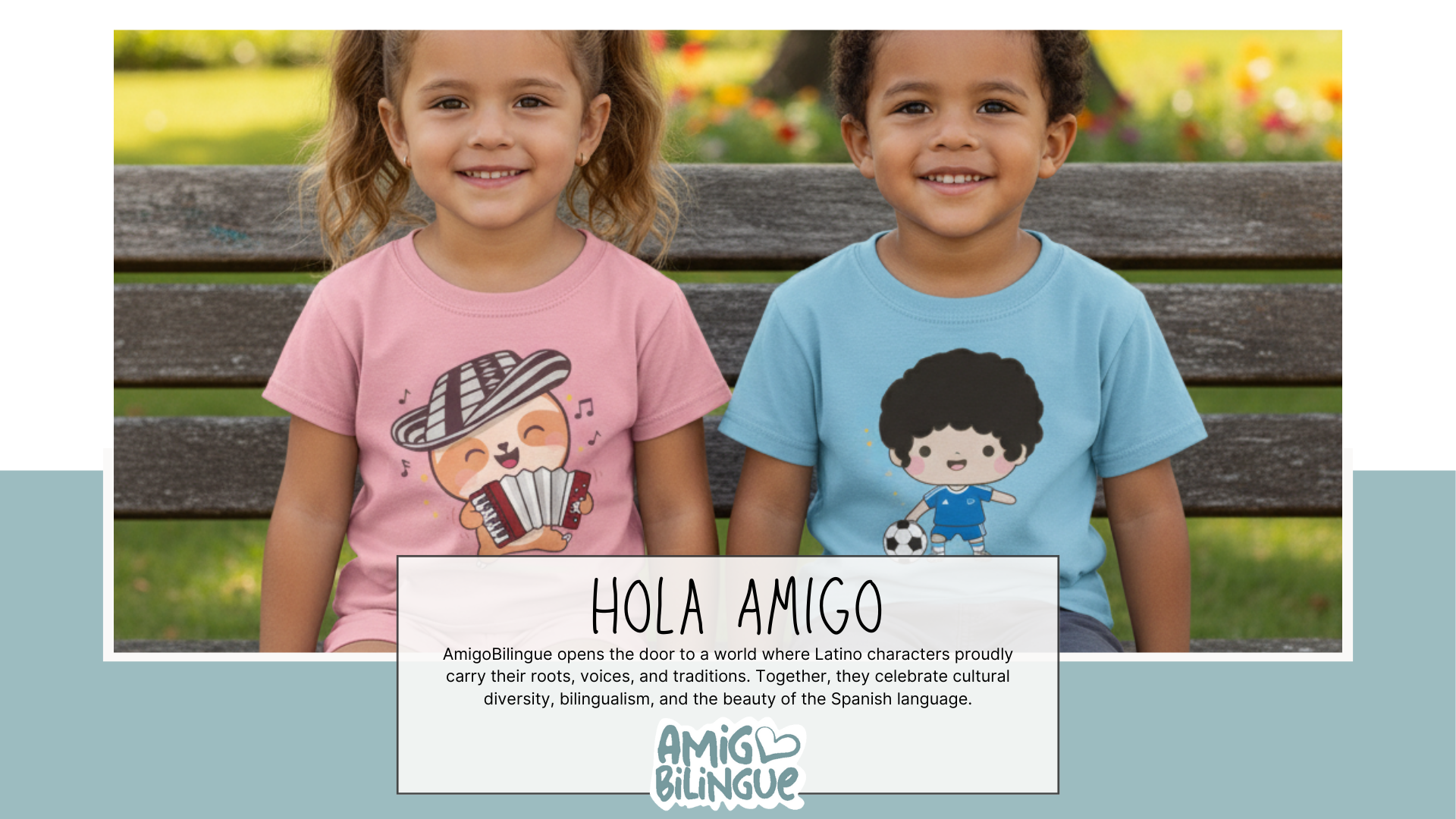 Two happy children wearing AmigoBilingue t-shirts featuring characters that celebrate Latino culture and heritage