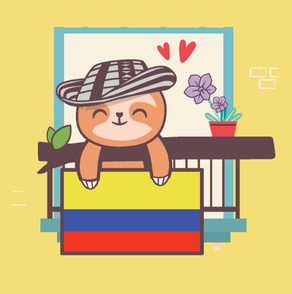 Bilingual Latino character Choko from Colombia standing on a balcony with the Colombian flag, representing Colombian culture and Spanish language.