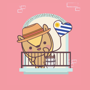 Bilingual Latino character Guillo from Uruguay standing on a balcony with the Uruguayan flag, representing Uruguayan culture and Spanish language.