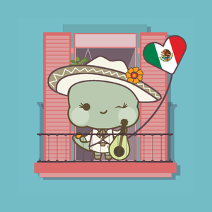 Bilingual Latino character Juana from Mexico standing on a balcony with the Mexican flag, representing Mexican culture and Spanish language.