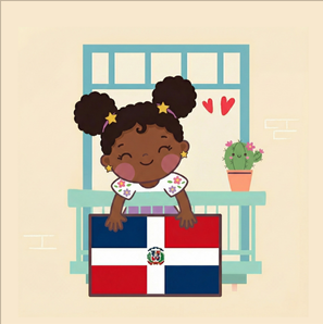 Bilingual Latino character Lola from the Dominican Republic standing on a balcony with the Dominican flag, representing Dominican culture and Spanish language.