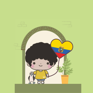 Bilingual Latino character Luis from Ecuador standing on a balcony with the Ecuadorian flag, representing Ecuadorian culture and Spanish language.