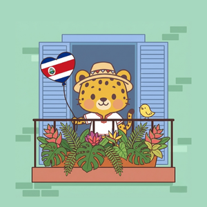 Bilingual Latino character Manchas from Costa Rica standing on a balcony with the Costa Rican flag, representing Costa Rican culture and the Spanish language.