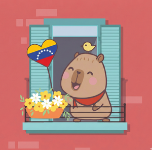 Bilingual Latino character Moncho from Venezuela standing on a balcony with the Venezuelan flag, representing Venezuelan culture and Spanish language.