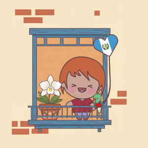 Bilingual Latino character Muun from Guatemala standing on a balcony with the Guatemalan flag, representing Guatemalan culture and Spanish language.