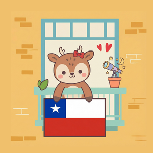 Bilingual Latino character Padu from Chile standing on a balcony with the Chilean flag, representing Chilean culture and the Spanish language.