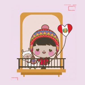 Bilingual Latino character Sara from Peru standing on a balcony with the Peruvian flag, representing Peruvian culture and Spanish language.