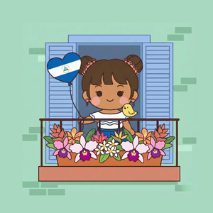 Bilingual Latino character Vivi from Nicaragua standing on a balcony with the Nicaraguan flag, representing Nicaraguan culture and the Spanish language.