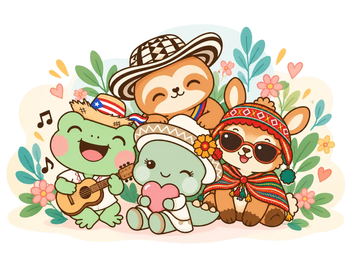AmigoBilingue characters celebrating Spanish language and Latino culture