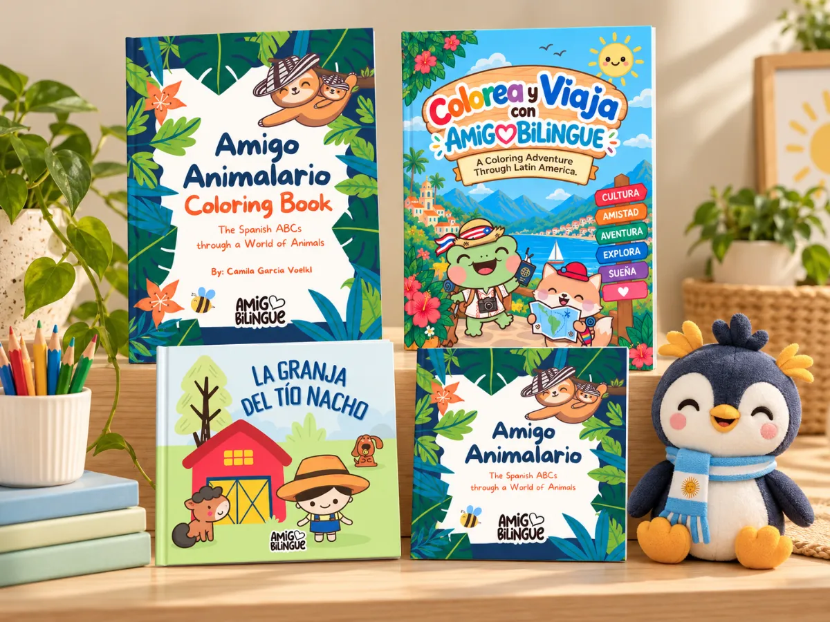 AmigoBilingue children's books featuring Amigo Animalario Coloring Book, Colorea y Viaja, La Granja del Tío Nacho, and Amigo Animalario, displayed with a cute penguin plush.