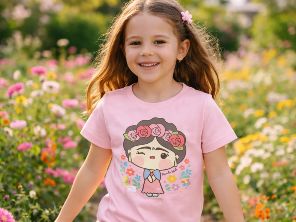Girl wearing an AmigoBilingue Frida Kahlo collection T-shirt for kids